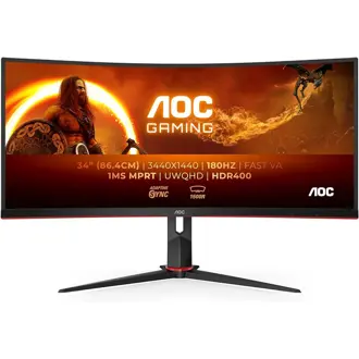Monitor AOC 34" CU34G2XP, VA, gaming, Adaptive-Sync 180Hz, 1ms, HDR400, 2xHDMI, 2xDP, 4xUSB 3.2, Zakrivljeni 1500R, 3440x1440