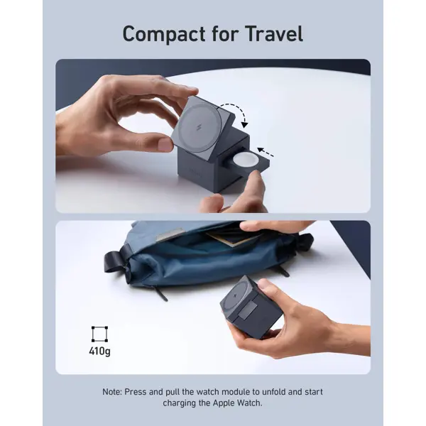 Bežični punjač Anker Cube 3-u-1 MagSafe, 15W, USB-C na USB-C kabel, sivi - Slika 3