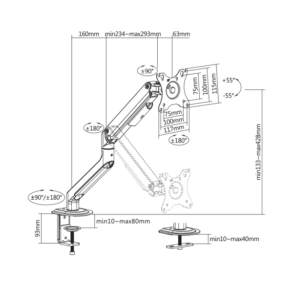 Nosač za monitor White Shark GMS-3207 Neferites I, za 1 monitor - Slika 12