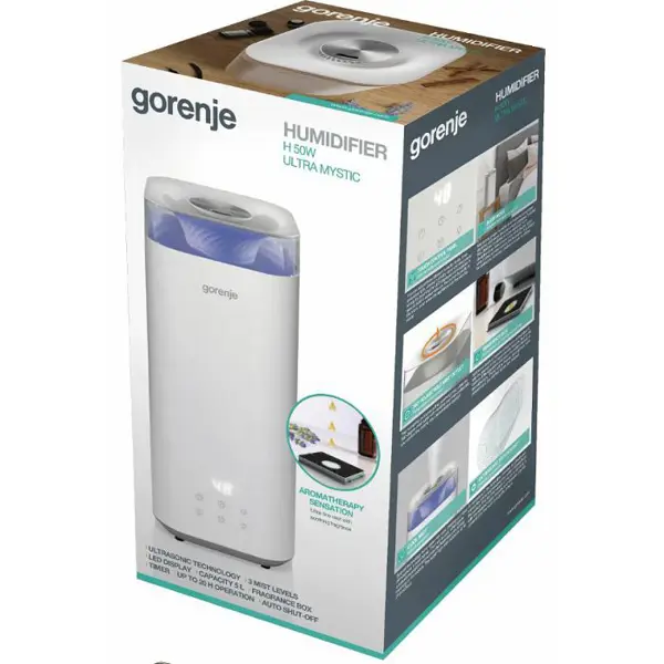 Ovlaživač zraka Gorenje H50W, ultrazvučna tehnologija, LED zaslon, automatsko isključivanje, kapacitet 210 ml/sat, za prostore do 20 m2, bijeli, 2 god - Slika 5