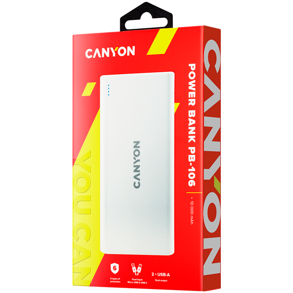 Power Bank Canyon PB-106, 10000mAh, 10.5W, Micro USB, 2xUSB-A, USB-C, bijeli - Slika 3