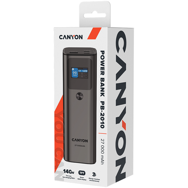 Power Bank Canyon PB-2010, 27000mAh, 140W, USB-A, 2xUSB-C, sivi - Slika 7