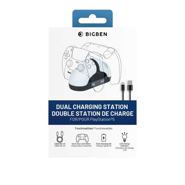 Punjač Bigben Dualsense Charger, PS5, USB-C, za 2 kontrolera, uključen USB-A to USB-C kabel, 80 cm - Slika 2