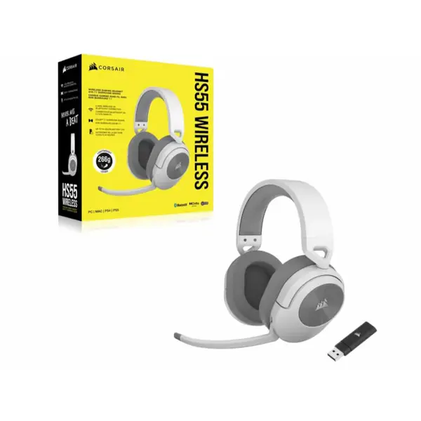 Slušalice Corsair HS55 Wireless, bežične, bluetooth, gaming, 7.1, mikrofon, over-ear, PC, PS4, PS5, bijele - Slika 12