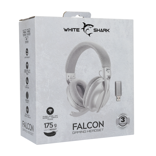 Slušalice White Shark Falcon WGH-2441, bežične, gaming, mikrofon, over-ear, PC, PS4, PS5, Xbox, bijele - Slika 9
