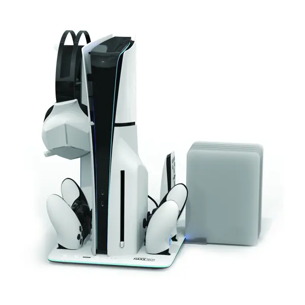 Stalak za punjač Maxx Tech, za PlayStation 5 Slim, LED osvjetljenje, ventilator, prostor za slušalice i igre, uklanjač topline - Slika 1