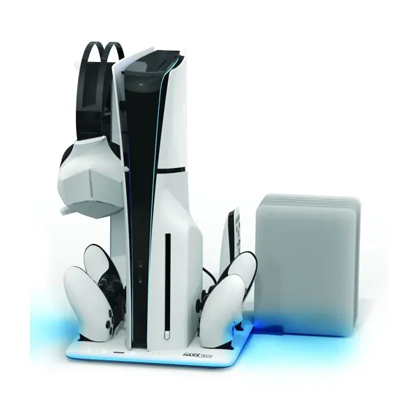 Stalak za punjač Maxx Tech, za PlayStation 5 Slim, LED osvjetljenje, ventilator, prostor za slušalice i igre, uklanjač topline - Slika 8