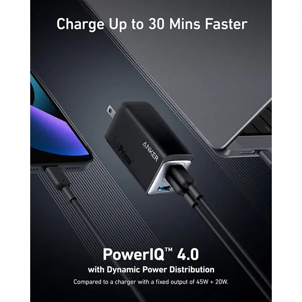 Strujni punjač Anker 735 GaN Prime, 65W Power IQ 4.0, 2×USB-C, USB-A, crni - Slika 9