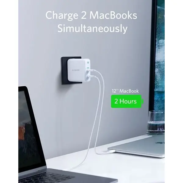 Strujni punjač Anker PowerPort III, 60W, 2×USB-C, bijeli - Slika 1