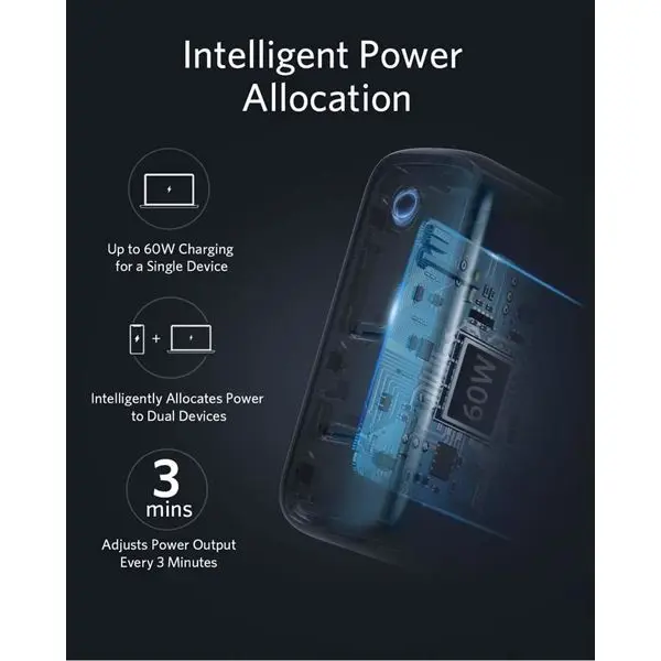 Strujni punjač Anker PowerPort III, 60W, 2×USB-C, bijeli - Slika 2