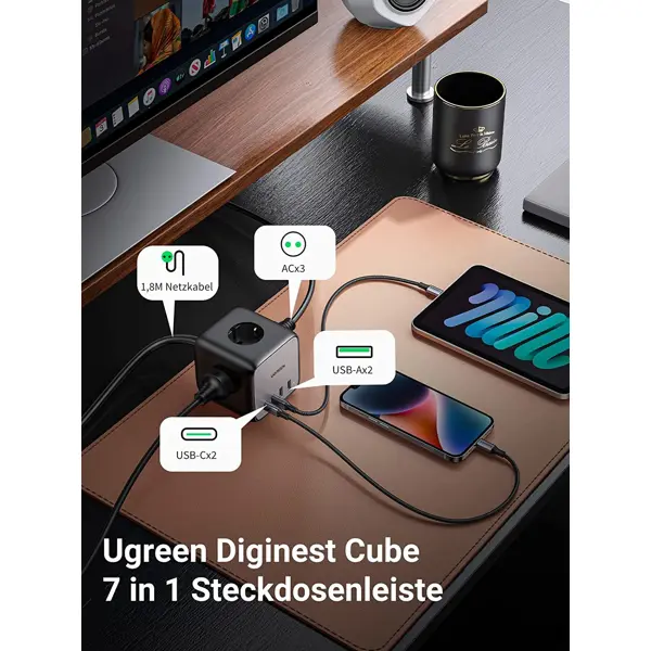 Strujni punjač Ugreen DigiNest Cube, 65W, 2xUSB-A, 2xUSB-C, 3xŠuko, sivi - Slika 5