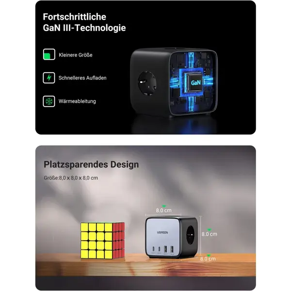 Strujni punjač Ugreen DigiNest Cube, 65W, 2xUSB-A, 2xUSB-C, 3xŠuko, sivi - Slika 3