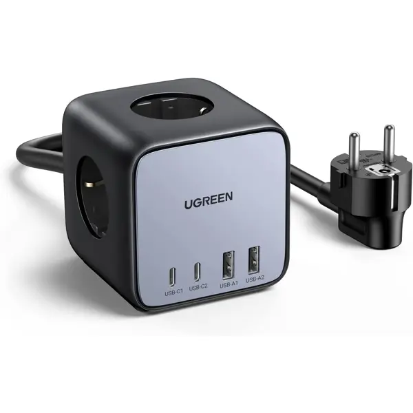 Strujni punjač Ugreen DigiNest Cube, 65W, 2xUSB-A, 2xUSB-C, 3xŠuko, sivi - Slika 1