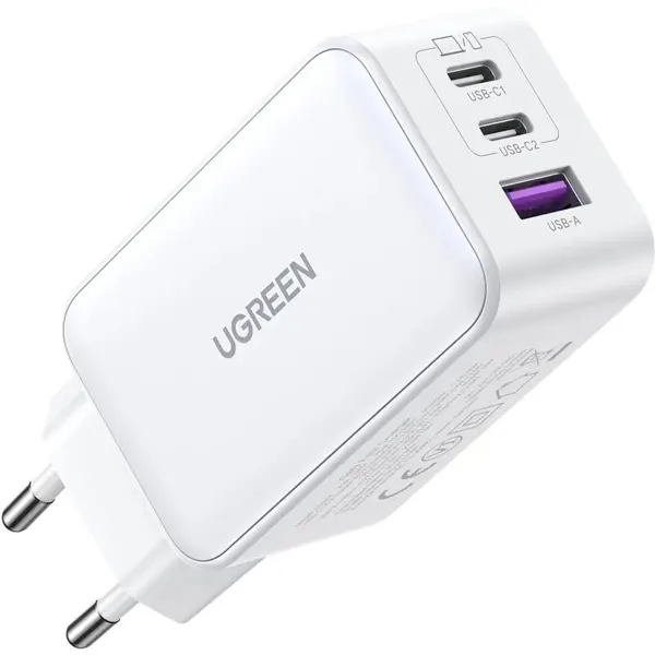 Strujni punjač Ugreen GaN PD, 65W, USB-A, 2xUSB-C, bijeli - Slika 1