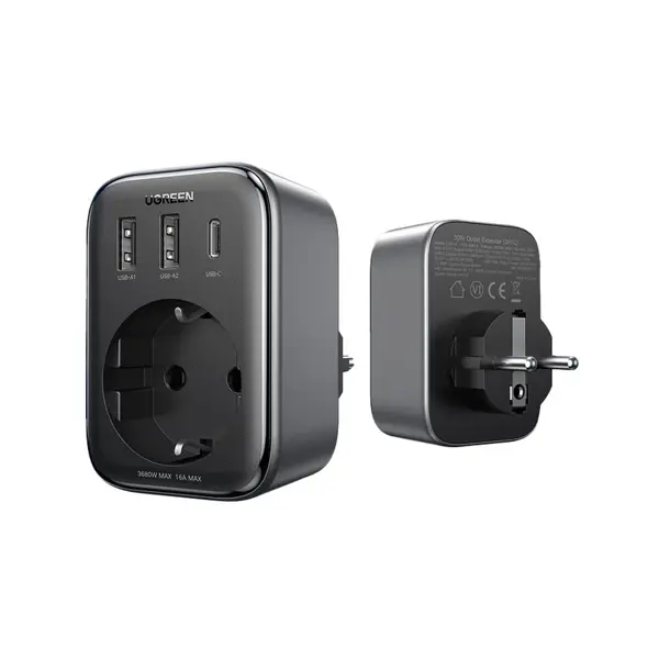 Strujni punjač Ugreen Nexode 4-u-1, 30W, 2xUSB-A, USB-C, Šuko, crni - Slika 1