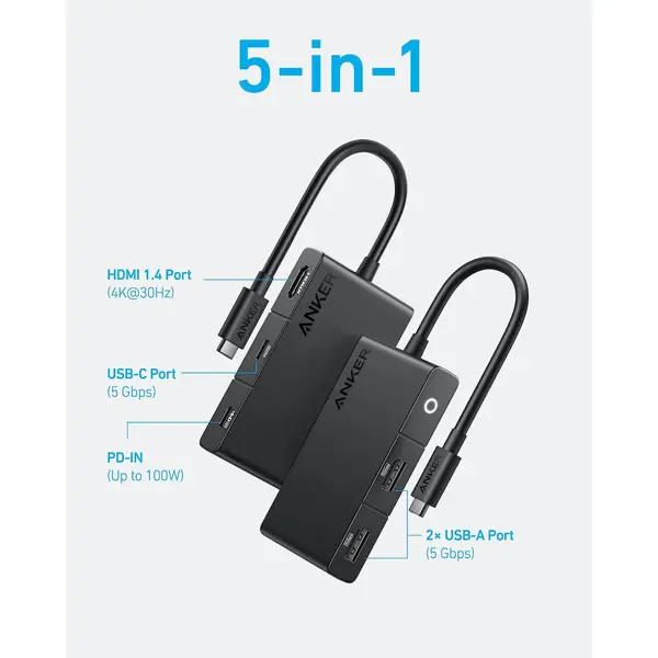 USB Hub Anker 332 5-u-1, USB-C, PD 85W - Slika 2